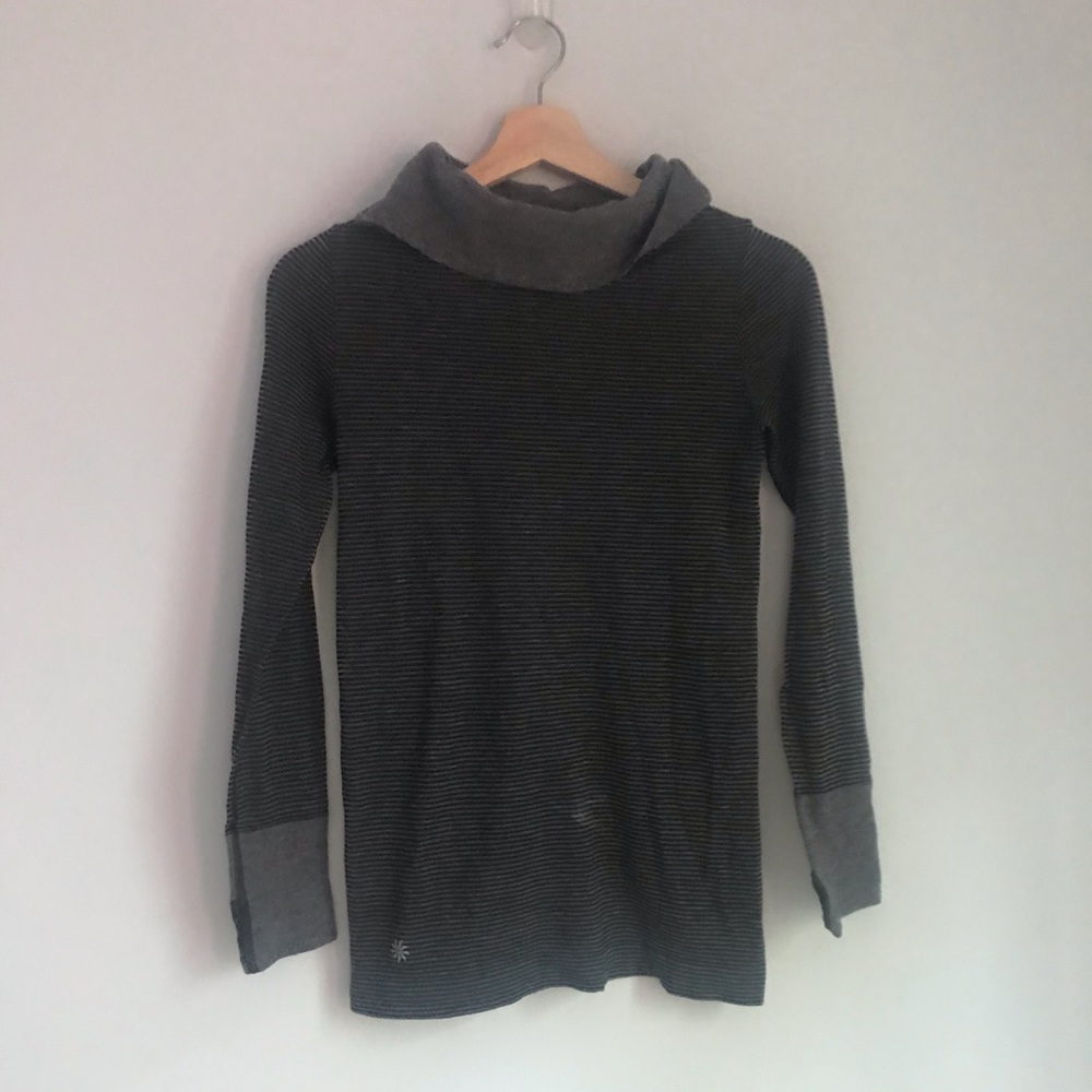 Athleta Striped Turtleneck Sweater Black Grey Women's XS Wool blend Thumbholes